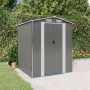 Hellgrauer vidaXL Geräteschuppen aus verzinktem Stahl im Garten.