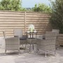 Graues 5-tlg. vidaXL Garten-Bistro-Set aus Polyrattan mit Tisch und Stühlen mit Kissen.