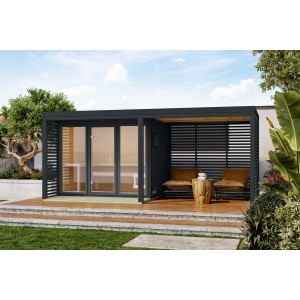 Karibu Anbaudach für Saunahaus Seros in Anthrazit mit Lamellenwand als Sichtschutz.