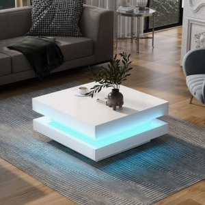 Merax Couchtisch Quadratisch Hochglanz Mit LED Drehbarer Tischplatte Weiß