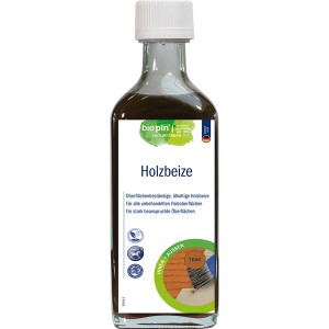 Biopin Holzbeize Teak, 250ml Flasche. Ölhaltige Beize für unbehandelte Holzoberflächen.