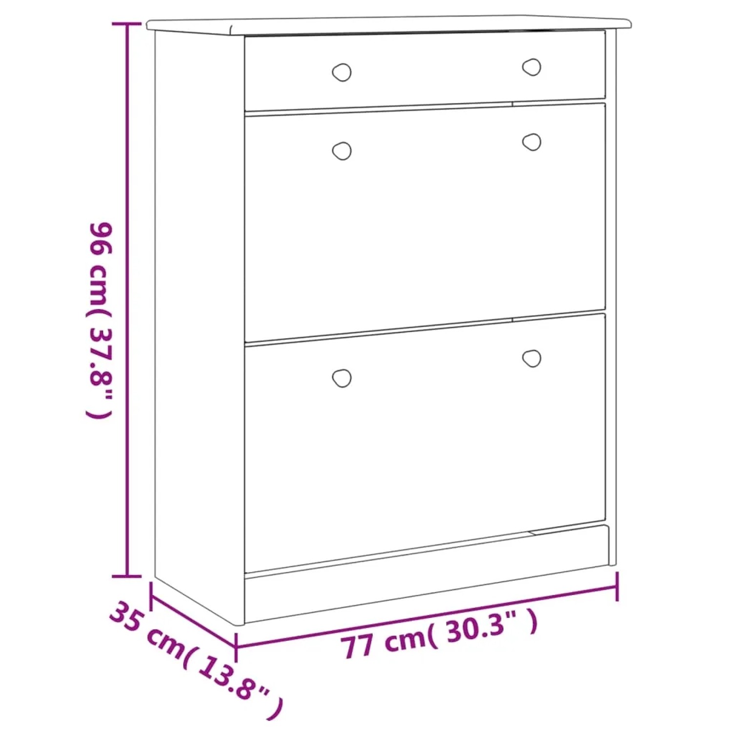 vidaXL Schuhschrank ALTA aus Massivholz Kiefer, 77x35x96 cm, mit Schublade und 2 Klapptüren.