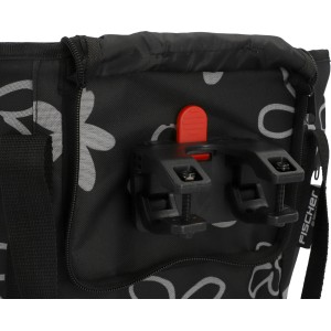 Fischer Lenker-Einkaufskorb Textil, schwarz mit Blumenmuster und Schnellbefestigung.