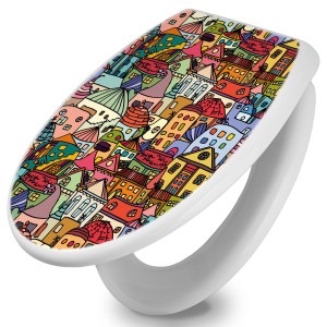 Weißer WC-Sitz mit Absenkautomatik und buntem Funky Town Motiv.