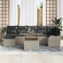 Hellgraues 8-teiliges Garten-Sofa-Set aus Poly Rattan mit Tisch und Kissen.