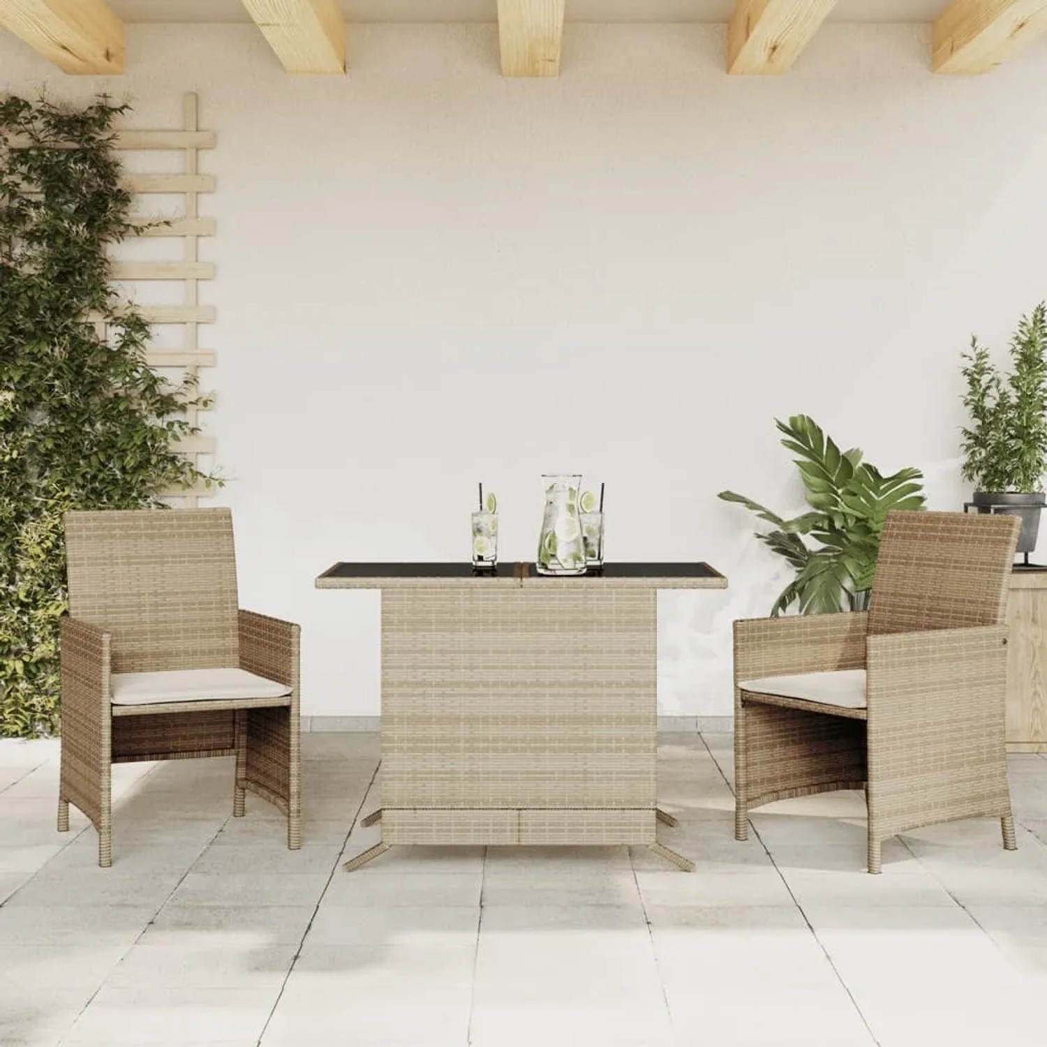 Beiges 3-tlg. vidaXL Bistro-Set aus Polyrattan mit Tisch und Stühlen für Garten oder Balkon.