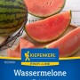 Kiepenkerl Wassermelone Tigrimini: Runde, grüne Melone und angeschnittene, rote Melonenstücke auf Holzbrett.