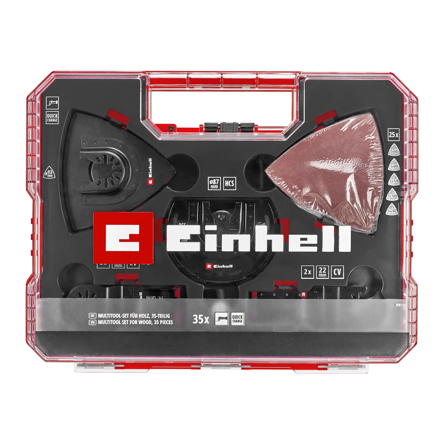 Einhell Multitool-Set XL, 35-teilig mit Sägeblättern und Schleifpapier im Koffer.