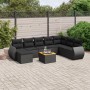Schwarze 9-tlg. vidaXL Garten-Sofagarnitur aus Poly Rattan mit Kissen und Tisch.