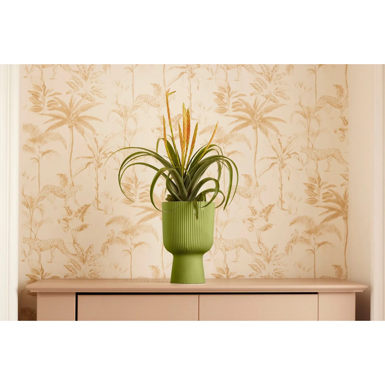 Grüner Elho Blumentopf Vibes Fold Coupe Ø 14 cm mit Pflanze, gerippte Struktur.