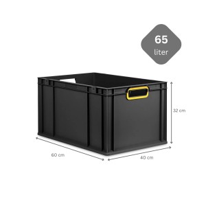 Schwarze PROREGAL Eurobox 65L mit gelben Griffen und Auflagedeckel, eine robuste Aufbewahrungsbox.