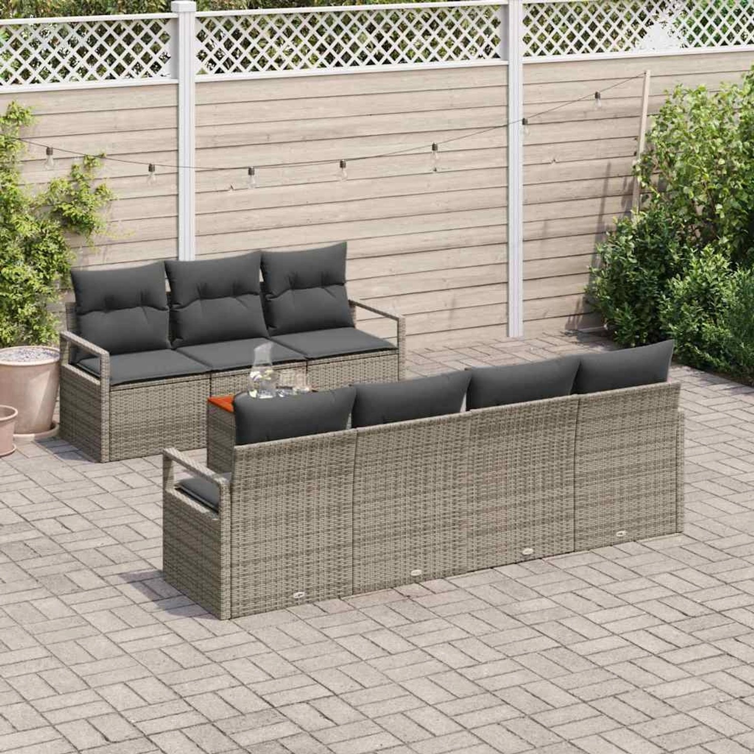 Graues 8-tlg. vidaXL Garten-Sofa-Set aus Rattan mit Tisch und Auflagen für Terrasse und Garten.