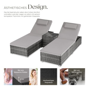 Tectake Rattan Doppelliege Carbonera Wetterfest und Uv Beständig 6 Fach Verstellbare Rückenlehne  196 x 62 x 36 cm Grau