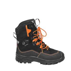 Stihl Motorsägen-Lederstiefel Function Active, schwarz mit orangefarbenen Akzenten. Robuster Schnittschutzstiefel mit Stahlkappe.