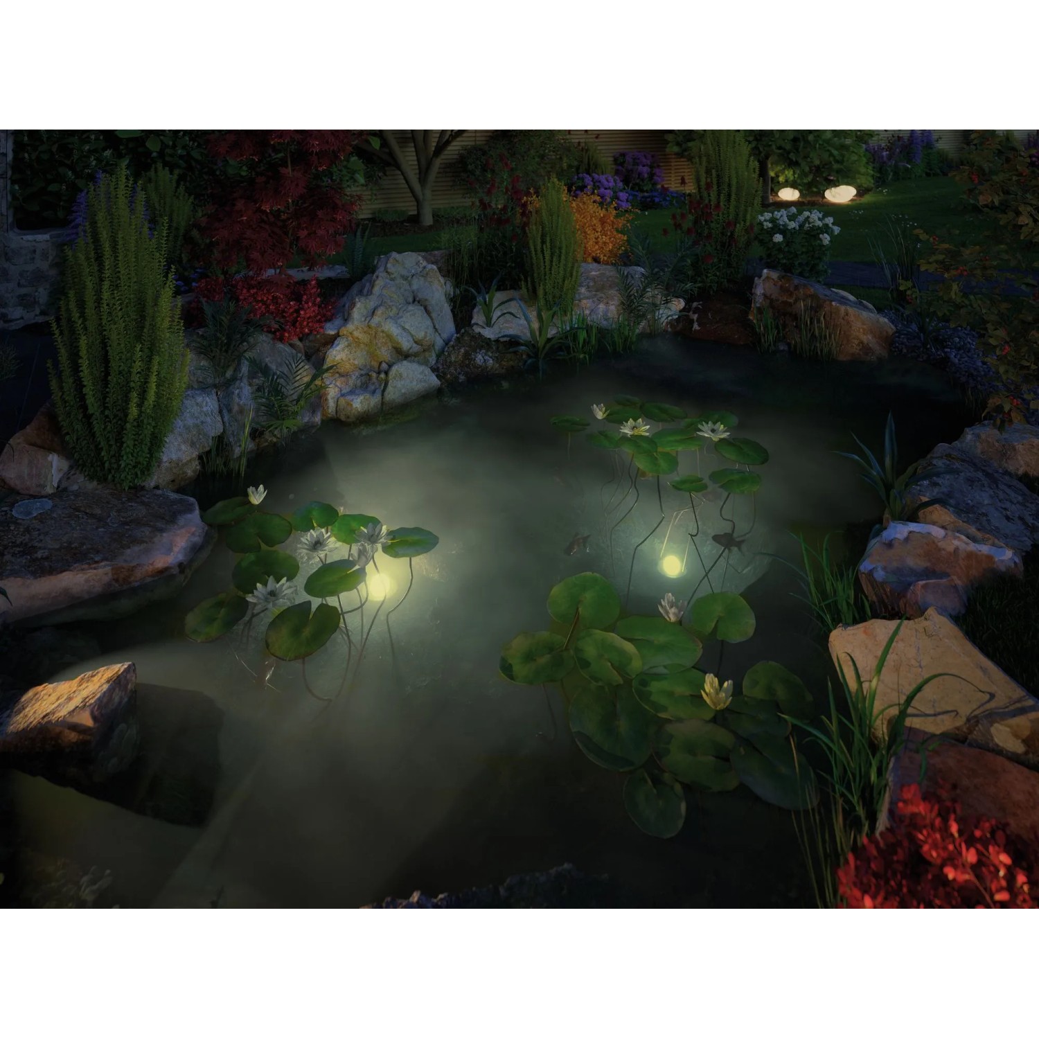 Beleuchteter Gartenteich mit Paulmann Plug & Shine LED-Teichbeleuchtung und Seerosen, warmweißes Licht.