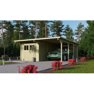 Karibu Doppelcarport Eco mit PVC Dachplatten und Auto im Garten.