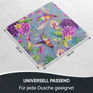 Sanilo Badematte Kolibri, 53x53cm, mit Blumen- und Vogelmuster für Dusche und Badewanne.