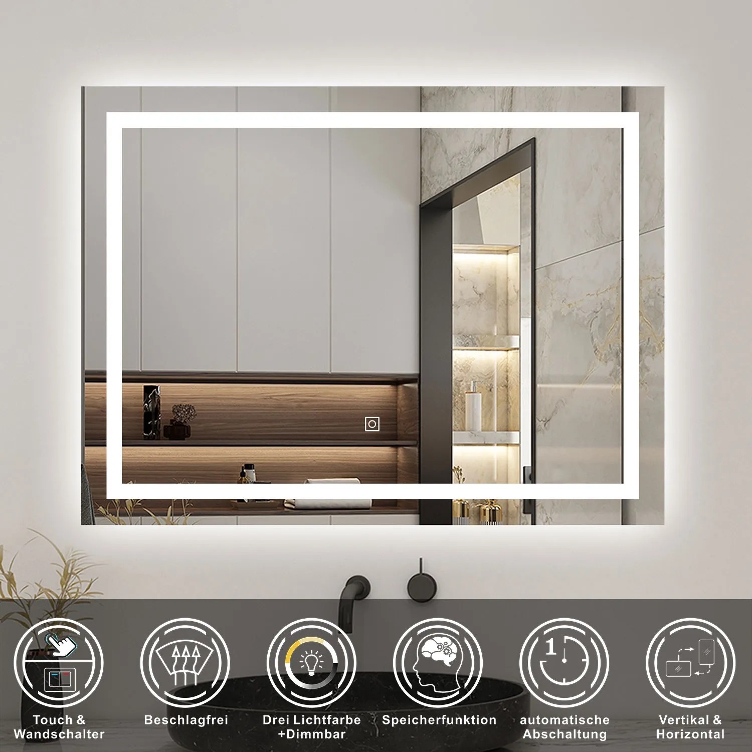 Aica Sanitär Badspiegel 120x80 cm mit LED-Beleuchtung, dimmbar und beschlagfrei.