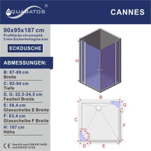 Aquabatos 90 x 95 cm Duschkabine Rechteck Duschabtrennung Dusche Pendeltür mit Eckregale Rahmenlose Eckdusche Duschwand Höhe 187 cm 20 cm Festteil
