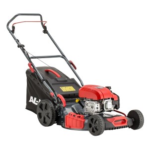Al-Ko Benzin-Rasenmäher 4.66 P-D Easy mit Fangkorb, Stahlblechgehäuse und rotem Motor.