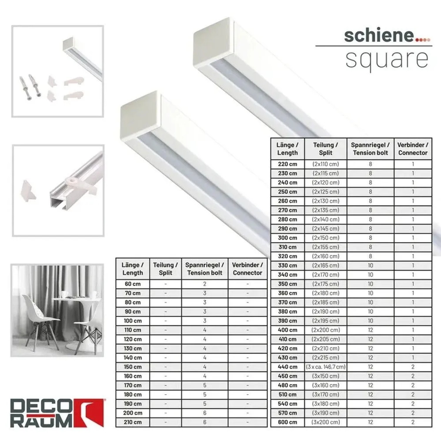 Deco-Raum Gardinenschiene nach Maß 1-Lauf Square Weiß 450cm