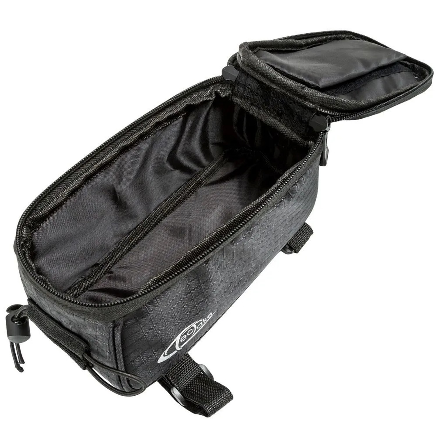 Offene, schwarze Tectake Fahrradtasche zur Rahmenbefestigung, wasserabweisend.