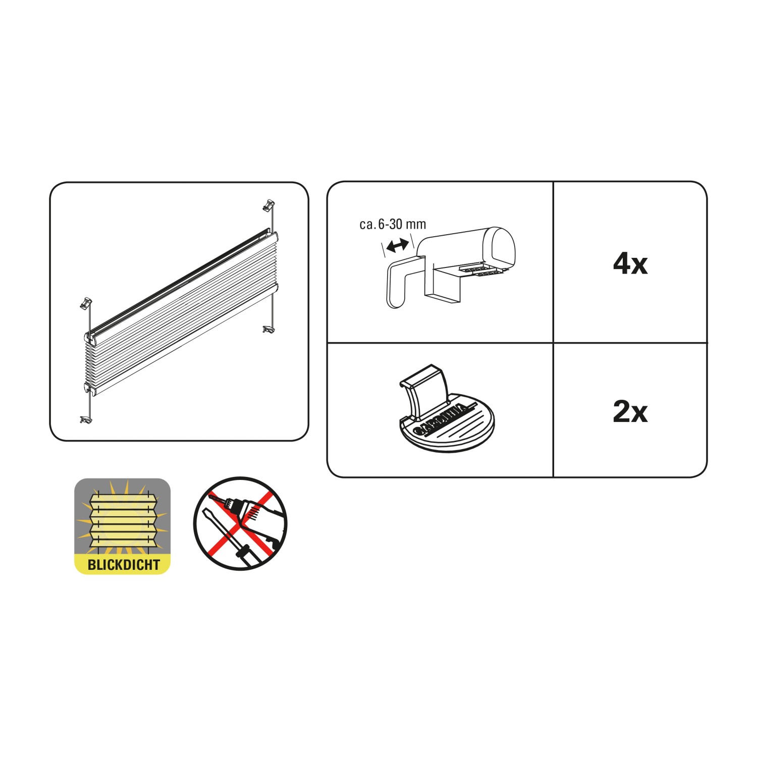 Gardinia EasyFix Plissee Zubehör: Montageanleitung und Details zu Klemmträgern und Bedienschienen.