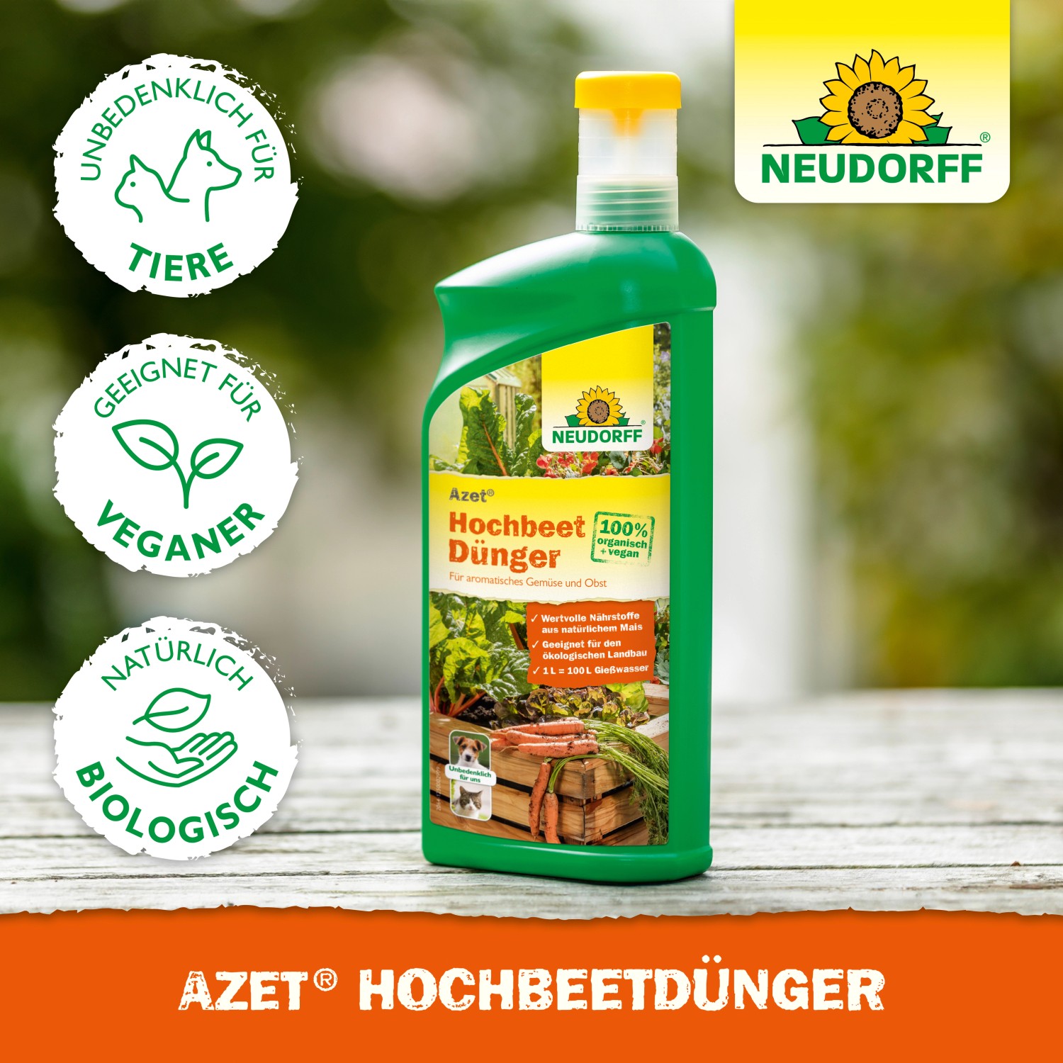 Neudorff Azet Hochbeetdünger 1 l Flasche für gesundes Pflanzenwachstum im Hochbeet.