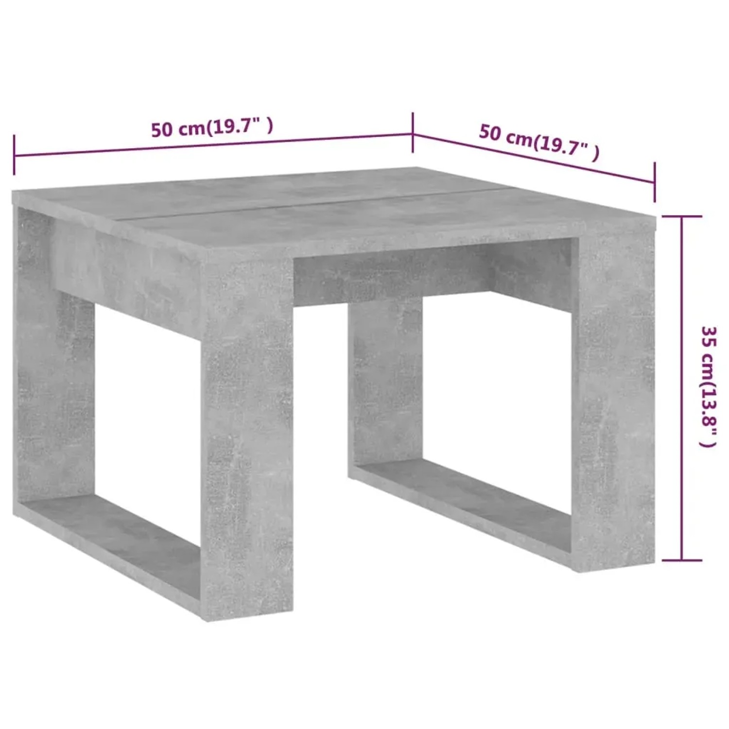 Moderner, grauer Beistelltisch (50x50x35 cm) im Beton-Look aus Holzwerkstoff.