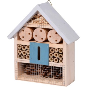 Dobar Insektenhotel, 24x9x26cm, blau-grau, aus FSC®-Holz, gefüllt mit Naturmaterialien.