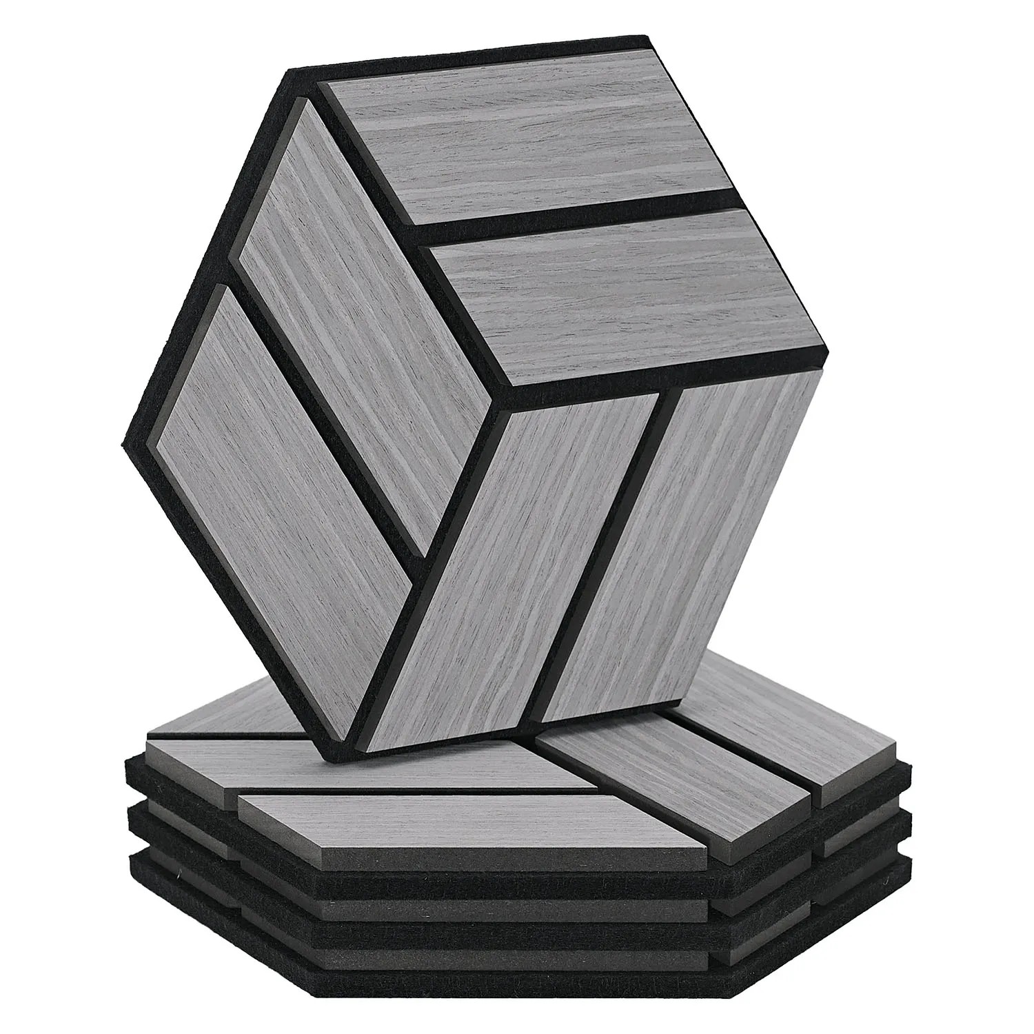 Homestyle4u Akustikpaneele Grau 30 x 26 cm 4 Stück Hexagon Wandpaneele Holz