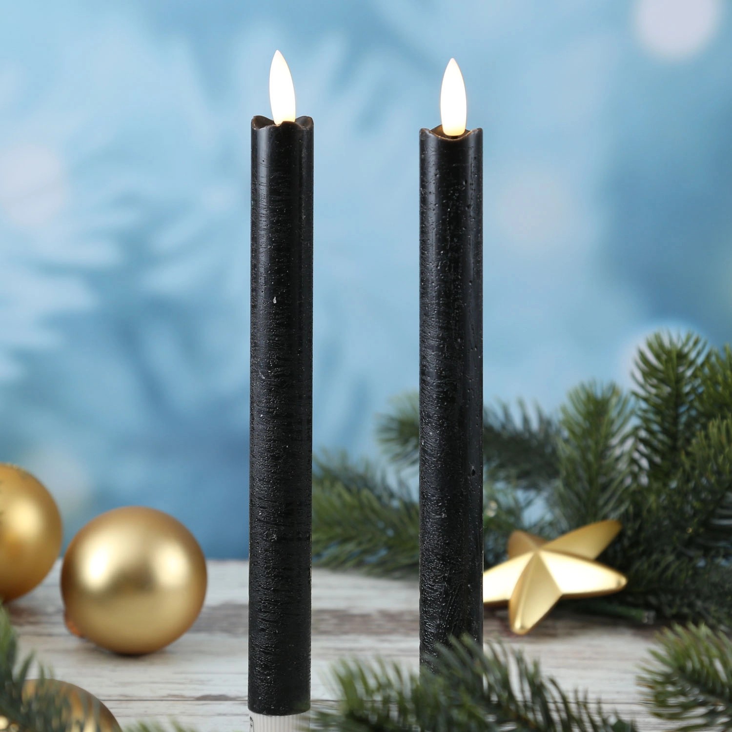 2er Set schwarze LED Stabkerzen aus Echtwachs, 25cm hoch, mit Timer für gemütliche Atmosphäre.