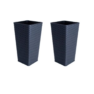 KMND Blumentopf Groß Blumentopf Gross Innen Quadratisch Hoch mit Einsatz Rattan 16x16x30 cm PP Kunststoff Granit 2er Set 20798