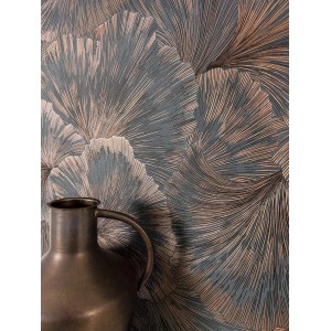 Newroom Vliestapete Neriah Copper Dschungel, graue Blätter mit Kupferakzenten.