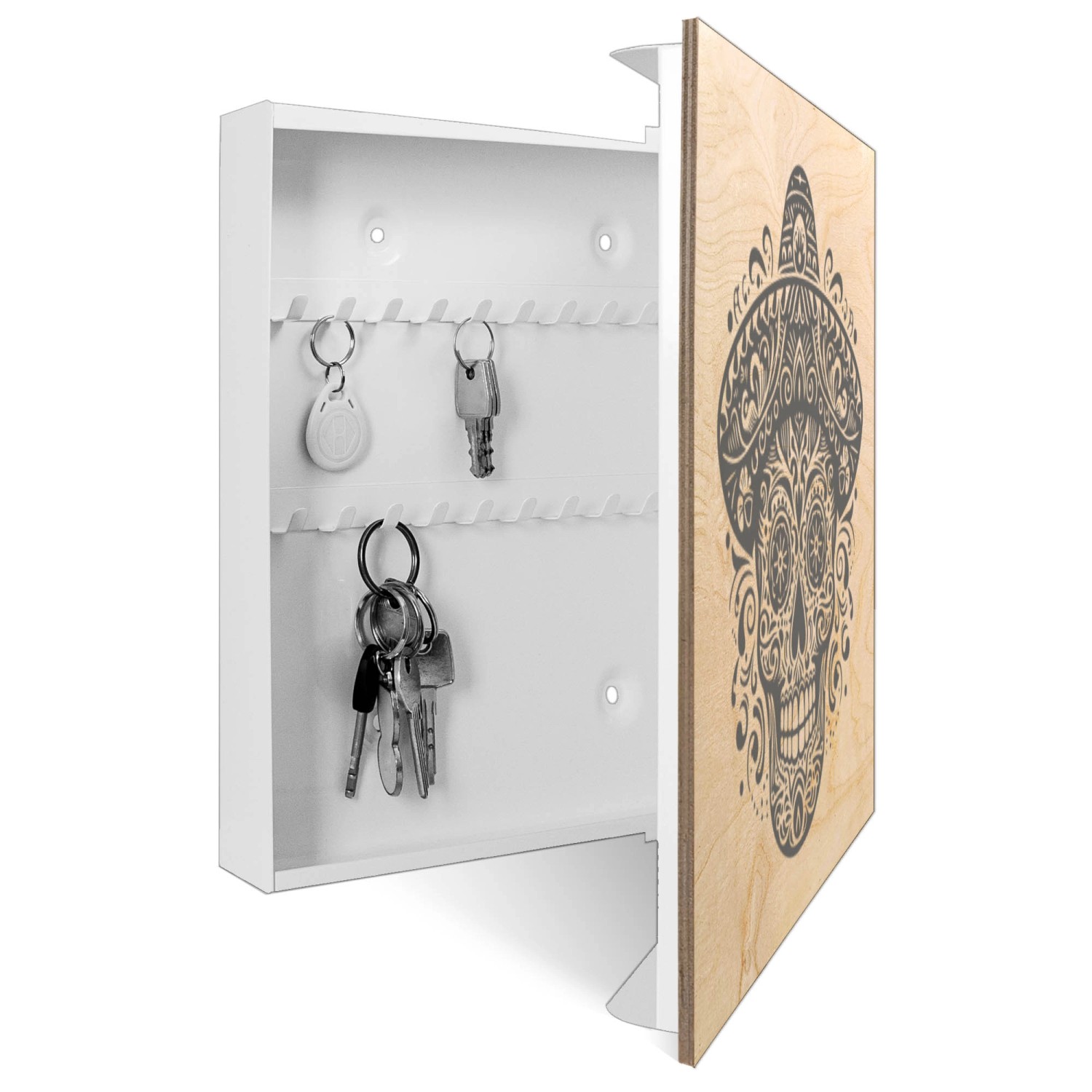 Weißer Banjado Schlüsselkasten mit Holzfront, Motiv Sombrero Totenkopf und 50 Haken.