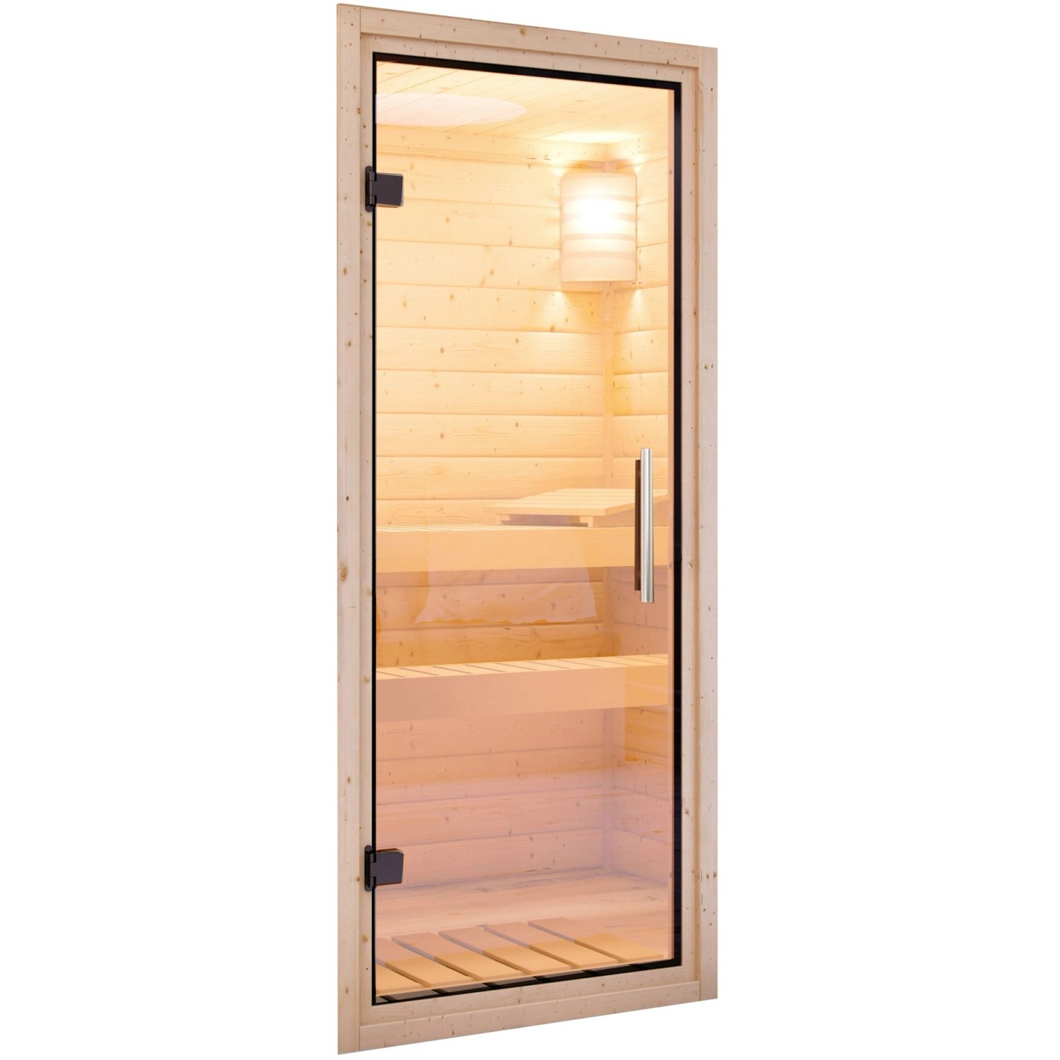 Karibu Sauna Natur mit Glastür, Innenansicht mit Bänken und Lampe.