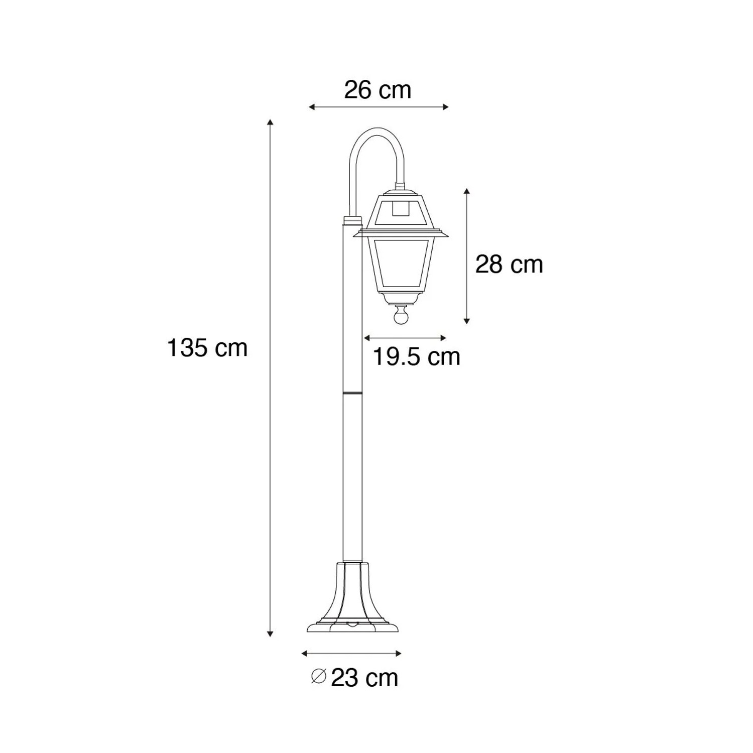 Technische Zeichnung der schwarzen QAZQA Außenlaterne Berta, 135 cm hoch, mit Maßangaben.