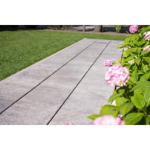 Diephaus Terrassenplatten Asante Quarz, 60x40 cm, in Grau, verlegt im Garten neben Blumen.