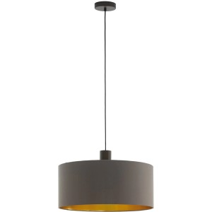 Moderne Eglo Hängeleuchte Concessa mit braunem Stoffschirm und goldfarbener Innenseite.