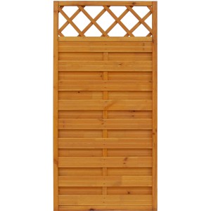 Lasierter Sichtschutzzaun Country, Pinienfarben, 180x90cm, mit Lattenzaun-Abschluss.