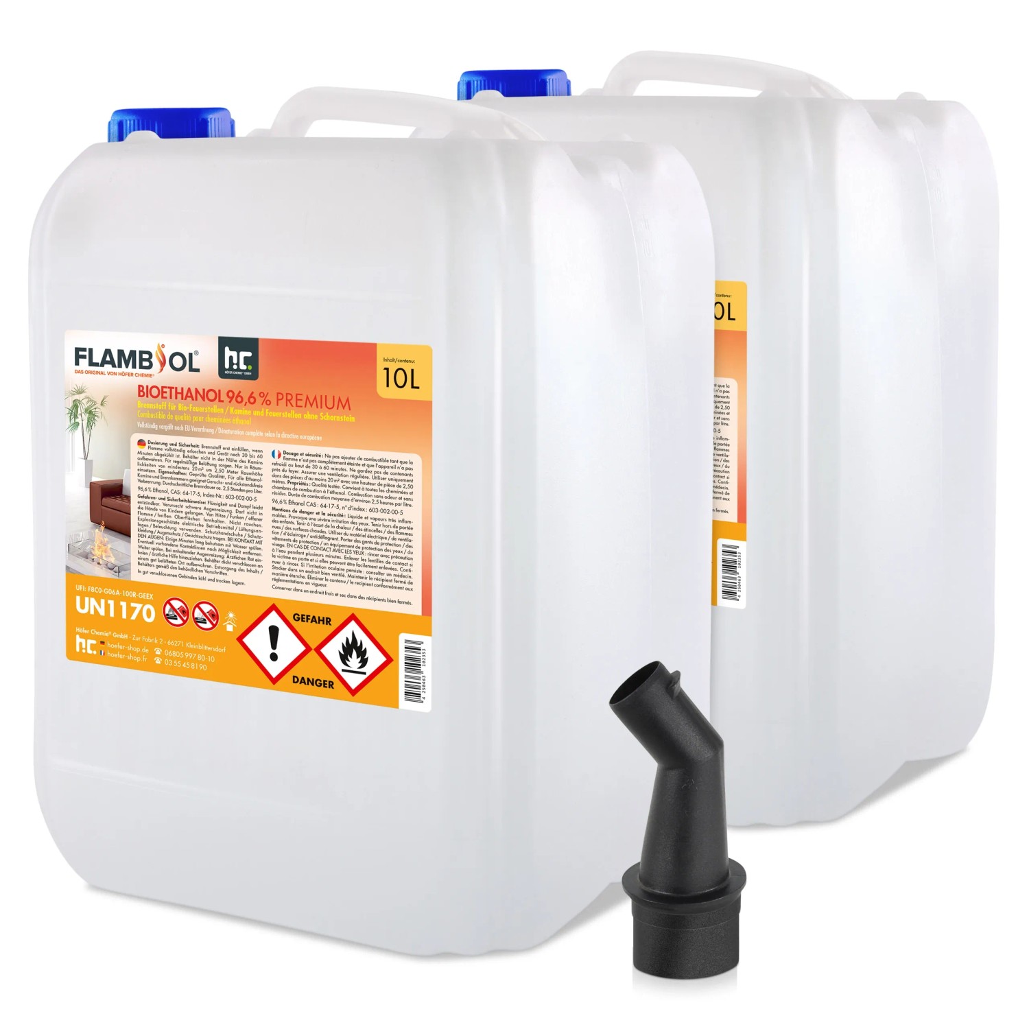 6 Kanister Flambiol Bioethanol 96,6% Premium (je 10l) für Ethanolkamin mit Einfüllstutzen.