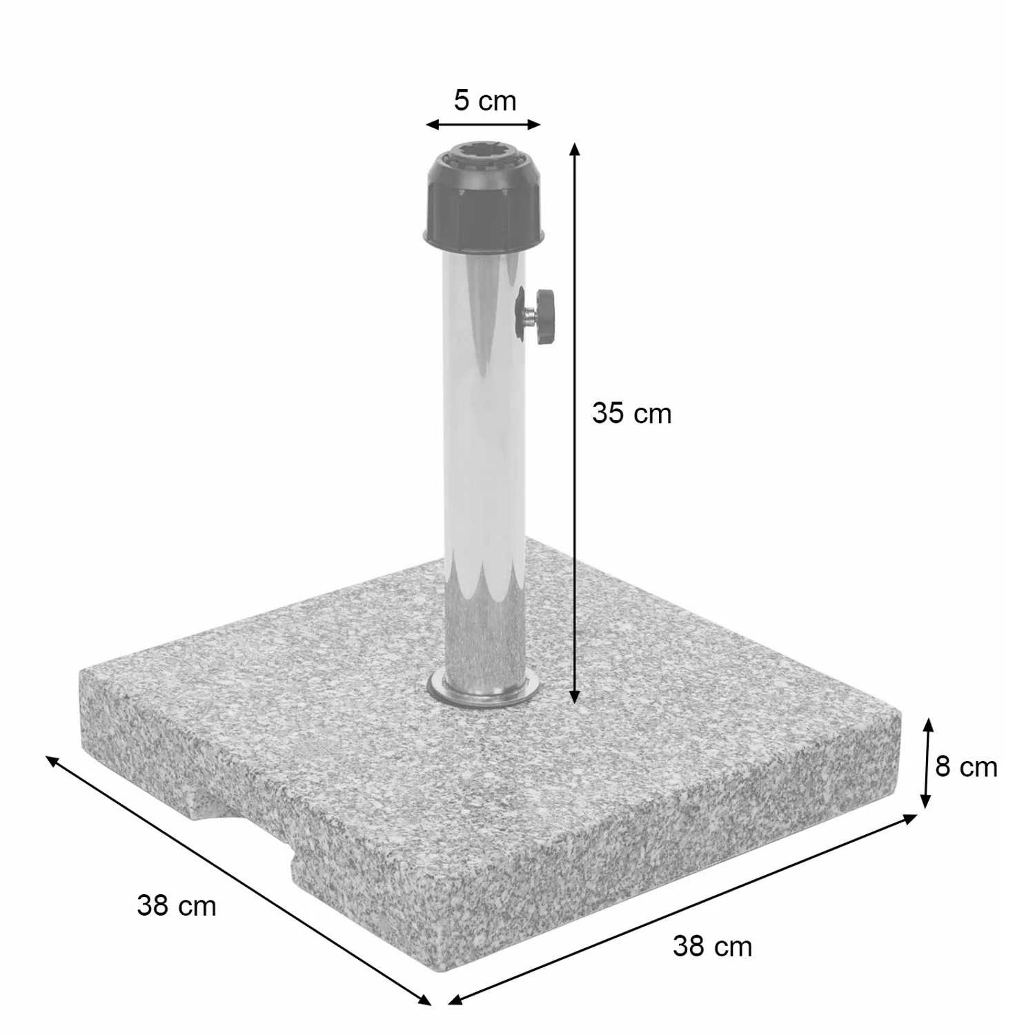 Eckiger, grauer MCW Sonnenschirmständer F92 mit Edelstahl-Halterung und polierter Granitplatte.
