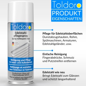 Toldoro Edelstahl Pflegespray Set, 2x400ml, für Küche & Grill. Reiniger für streifenfreien Glanz.