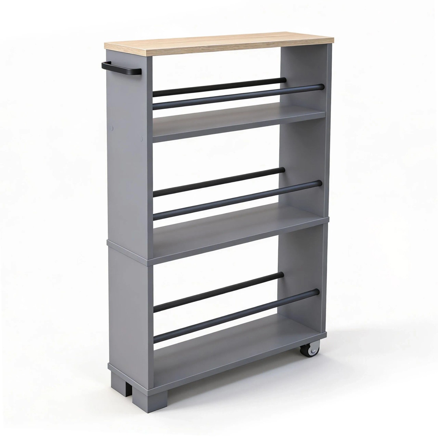 Relaxdays Nischenwagen Holzwerkstoff Eisen Natur-Grau Schmal 4 Ebenen mit 2 Rollen mit Griff 80 cm x 13 cm x 50 cm