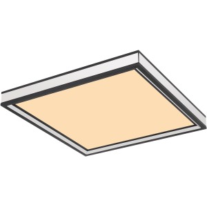 Quadratische LED-Deckenleuchte Jessy, schwarz matt mit Chromrahmen und warmweißem Licht.