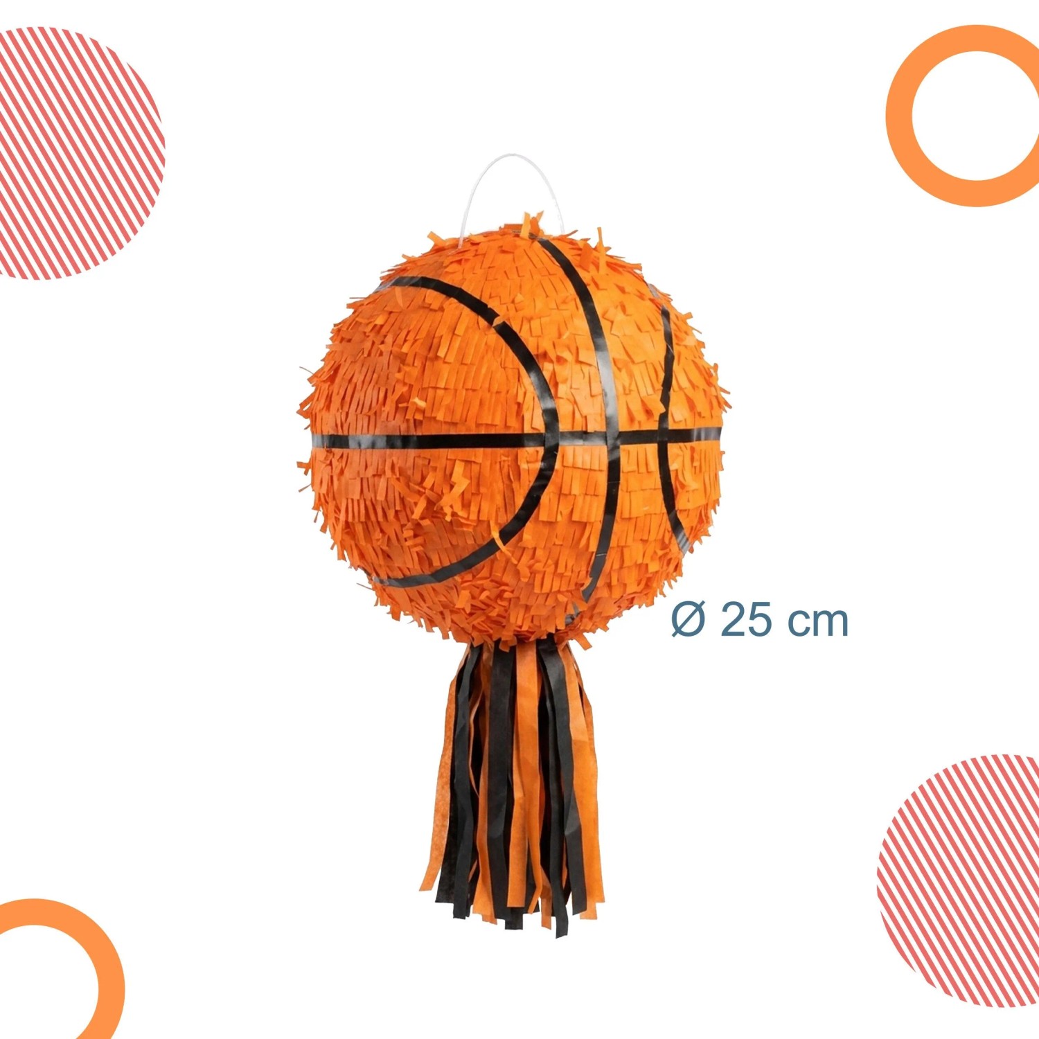 Orangefarbene Basketball-Piñata aus Papier mit schwarzen Linien und Quasten, 25 cm Durchmesser, für Partys.