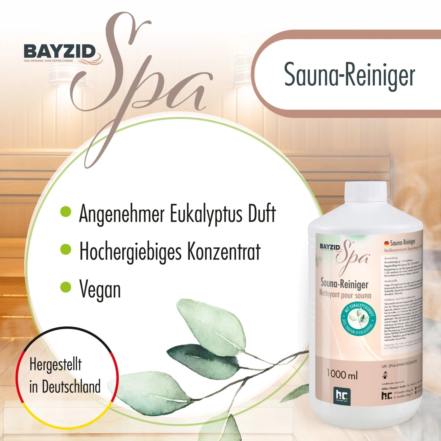 Bayzid Saunareiniger Konzentrat 1l mit Eukalyptusduft für die Reinigung und Pflege der Sauna.