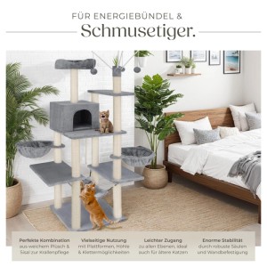 Grauer Tectake Kratzbaum Lilou, 165 cm hoch, mit Sisal, Liegemulden und Katzenhaus.