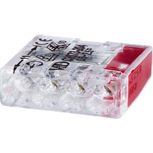 Steckklemme, 4-polig, transparent/rot, für Leiter Ø 0,5-2,5 mm, 15 Stück.