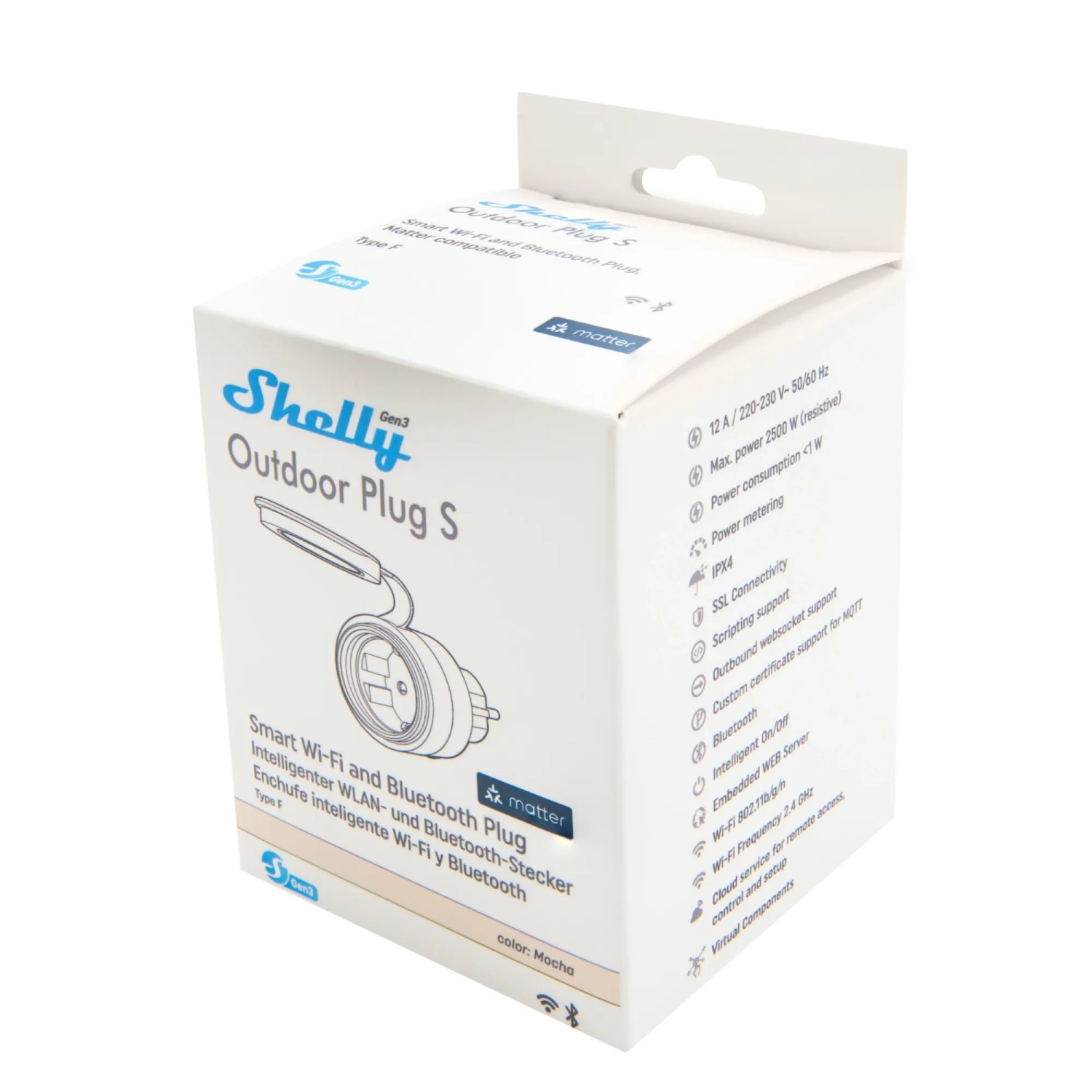 Shelly Smart-Stecker Outdoor Plug S Gen3 Beige in Verpackung. Smart Home Stecker für den Außenbereich.